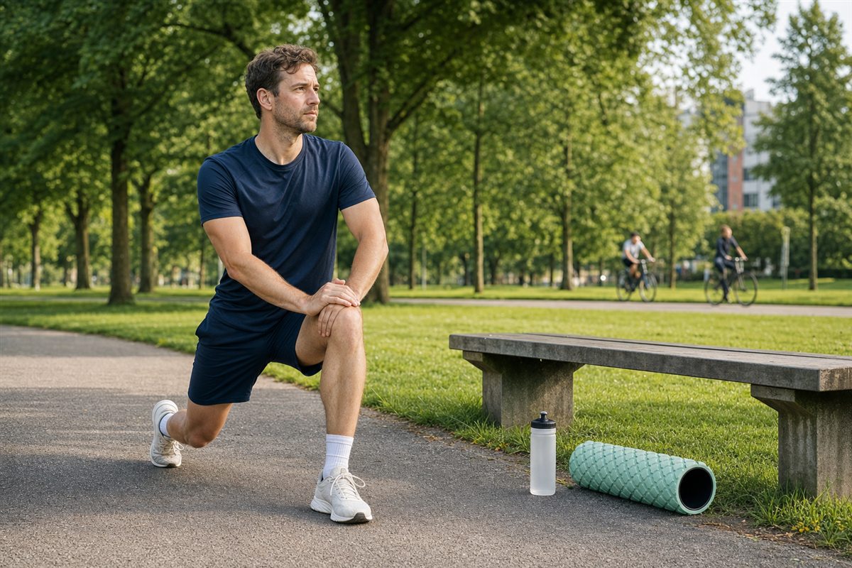 Sporter doet een rustige uitvalspas in een groen park met een foamroller ernaast